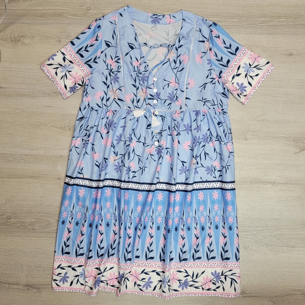 Large blue/pink Floral Pattern free flowing Midi Boho dress w/ pockets NEW [86]